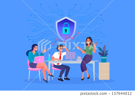 Group of employees working on laptops with large security padlock and shield icon representing corporate data protection and safe digital environment Group of employees working on laptops with large security padlock and shield icon representing corporate data protection and safe digital environment 137644812