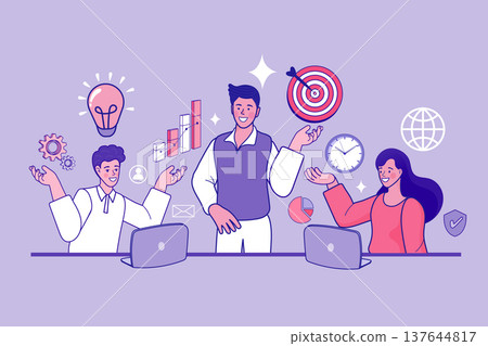 Diverse group of people working on laptops with light bulb target and gear icons. Modern concept for integrated business solutions teamwork productivity and corporate growth strategy Diverse group of people working on laptops with light bulb target and gear icons. Modern concept for integrated business solutions teamwork productivity and corporate growth strategy 137644817