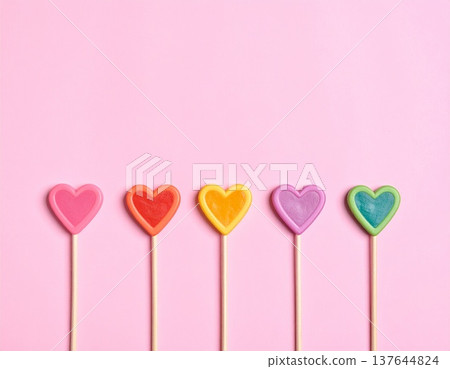 Colorful heart-shaped candies, lollipops on a stick. Colorful heart-shaped candies, lollipops on a stick. 137644824