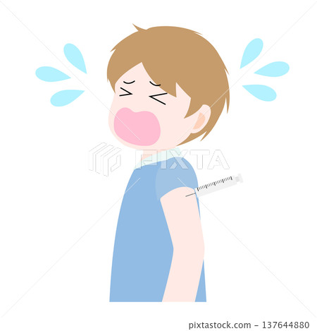 男孩因害怕打針而哭泣的插圖。 137644880