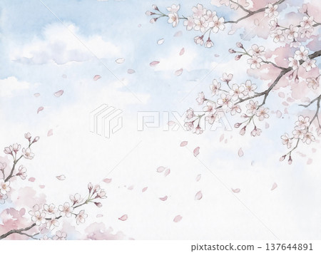 水彩畫:藍天櫻花 水彩畫:藍天櫻花 137644891