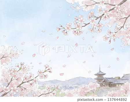 Watercolor painting: Blue sky and cherry blossoms 137644892