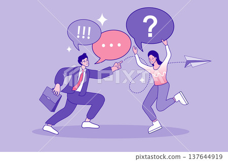 Man and woman trying to solve work problems with speech bubbles and question mark icons. Creative concept for office conflict management, project obstacles, and communication breakdown. Man and woman trying to solve work problems with speech bubbles and question mark icons. Creative concept for office conflict management, project obstacles, and communication breakdown. 137644919