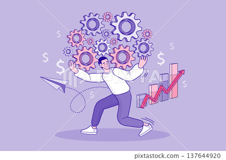 Male entrepreneur driving company progress with rising bar chart arrows and dollar symbols. Creative concept for system efficiency strategic planning and industrial operation management Male entrepreneur driving company progress with rising bar chart arrows and dollar symbols. Creative concept for system efficiency strategic planning and industrial operation management 137644920