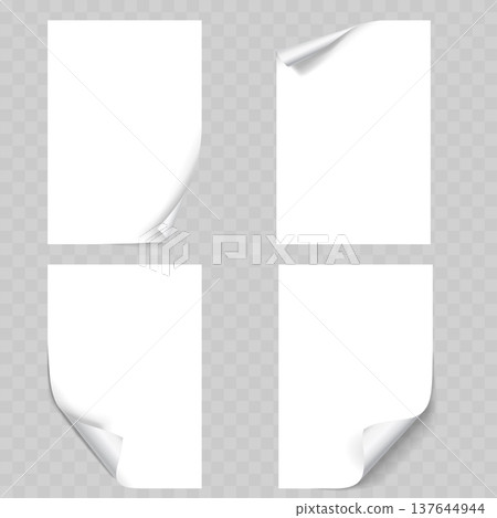 Realistic Blank Paper Sheet Mockup Set. Vector White Pages with Curled Corners and Drop Shadows. 137644944