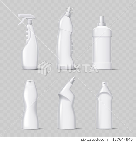 Realistic White Plastic Bottle Mockup Set. Vector Blank Packaging Templates for Household Cleaning, Soap, and Cosmetics. 137644946