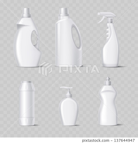 Realistic White Plastic Bottle Mockup Set. Vector Blank Packaging Templates for Household Cleaning, Soap, and Cosmetics. 137644947