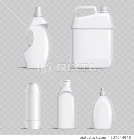 Realistic White Plastic Bottle Mockup Set. Vector Blank Packaging Templates for Household Cleaning, Soap, and Cosmetics. 137644948