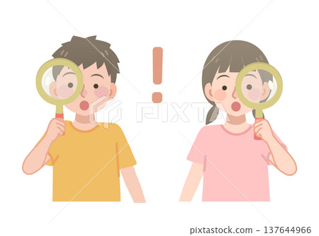 Illustration of a boy and girl looking through a magnifying glass Illustration of a boy and girl looking through a magnifying glass 137644966