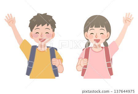 Illustration of an elementary school student carrying a school bag raising his hand 137644975