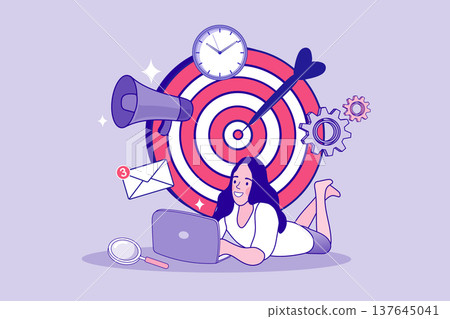 Freelance character lying down and using computer with big bullseye clock and megaphone elements. Flat vector for productivity improvement flexible workplace and digital marketing success concepts Freelance character lying down and using computer with big bullseye clock and megaphone elements. Flat vector for productivity improvement flexible workplace and digital marketing success concepts 137645041