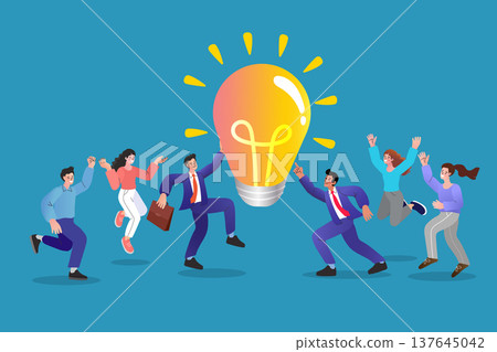 Successful business team celebrating around large glowing lightbulb for creative solution and inspiration. Character design for brainstorming startup and innovative strategy to find new opportunity Successful business team celebrating around large glowing lightbulb for creative solution and inspiration. Character design for brainstorming startup and innovative strategy to find new opportunity 137645042