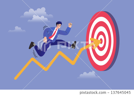 Ambitious businessman jumping towards bullseye target on rising arrow graph. Creative character design for business goal achievement and success strategy to inspire motivation and progress Ambitious businessman jumping towards bullseye target on rising arrow graph. Creative character design for business goal achievement and success strategy to inspire motivation and progress 137645045