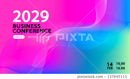 Modern corporate event banner featuring abstract colorful mesh waves and fluid gradient. Creative layout with register and sign in buttons for business seminar workshop and professional summit 137645113