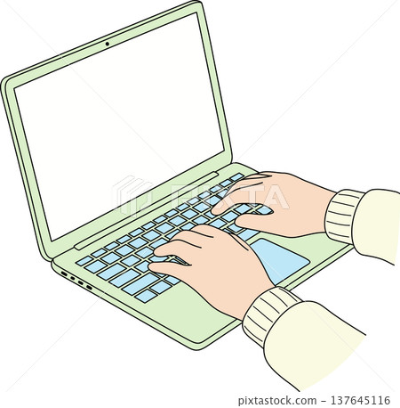 Minimalist Hand Drawn Illustration of Hands Typing on a Green Laptop Keyboard for Work From Home, Remote Study, and Digital Productivity Concept Minimalist Hand Drawn Illustration of Hands Typing on a Green Laptop Keyboard for Work From Home, Remote Study, and Digital Productivity Concept 137645116