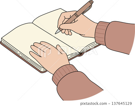 Minimalist Hand Drawn Illustration of Hands Writing in a Blank Notebook with a Pen on Black Background for Journaling, Studying, and Creative Work Concept Minimalist Hand Drawn Illustration of Hands Writing in a Blank Notebook with a Pen on Black Background for Journaling, Studying, and Creative Work Concept 137645129