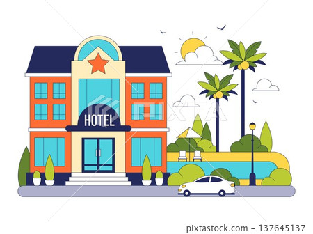 Modern City Hotel Building Illustration Featuring Urban Architecture, Palm Trees, Luxury Accommodation Exterior, Travel Tourism Hospitality Design 137645137