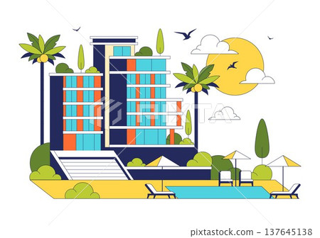 Modern City Hotel Building Illustration Featuring Urban Architecture, Palm Trees, Luxury Accommodation Exterior, Travel Tourism Hospitality Design 137645138