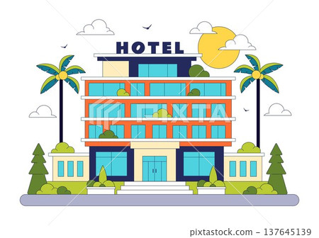 Modern City Hotel Building Illustration Featuring Urban Architecture, Palm Trees, Luxury Accommodation Exterior, Travel Tourism Hospitality Design Modern City Hotel Building Illustration Featuring Urban Architecture, Palm Trees, Luxury Accommodation Exterior, Travel Tourism Hospitality Design 137645139