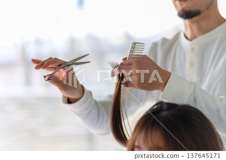 The hairdresser takes a section of hair and cuts it. 137645171