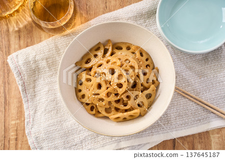 Lotus root kinpira (a Japanese side dish/prepared food) Lotus root kinpira (a Japanese side dish/prepared food) 137645187