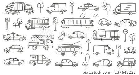 Black and white city cars and special transport clipart set for coloring pages. Police, fire and ambulance, garbage truck, buses, trolleybus, tram, trees and road signs, outline vector illustration Black and white city cars and special transport clipart set for coloring pages. Police, fire and ambulance, garbage truck, buses, trolleybus, tram, trees and road signs, outline vector illustration 137645225