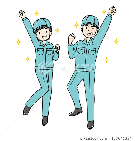 A color illustration of energetic, experienced men and women in work clothes (wearing hats). A color illustration of energetic, experienced men and women in work clothes (wearing hats). 137645354