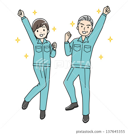 一幅彩色插圖，描繪了精力充沛、經驗豐富的男女工人身穿工作服（未戴帽子）。 137645355