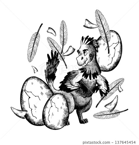 A dinosaur with feathers and dinosaur eggs 137645454