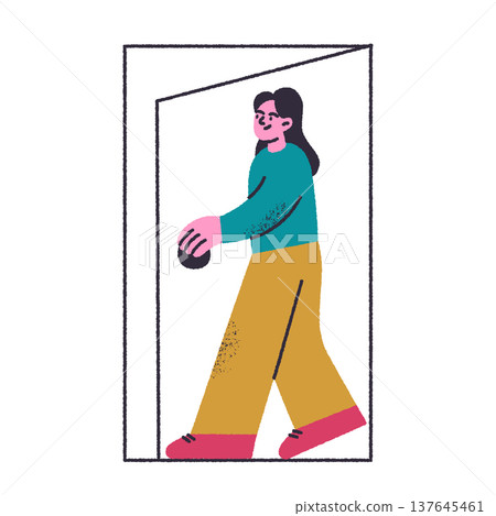 Cute flat cartoon female character entering open door, full height minimal abstract scene. Transition and new beginning, fresh start and next step, empty state vector illustration with grainy textures 137645461
