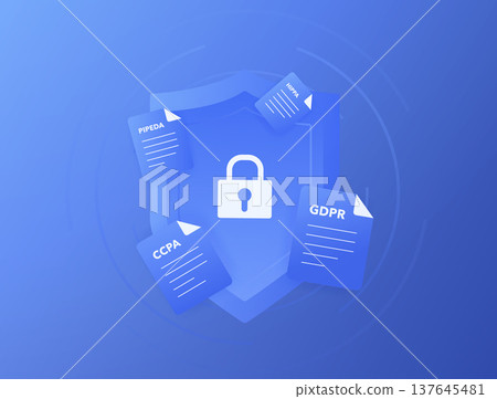 Data privacy regulations compliance, GDPR CCPA HIPAA PIPEDA protection, global personal information security framework, corporate data governance shield, modern flat design, vector illustration Data privacy regulations compliance, GDPR CCPA HIPAA PIPEDA protection, global personal information security framework, corporate data governance shield, modern flat design, vector illustration 137645481