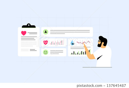 Remote patient monitoring system, predictive analytics vital signs, wearable device health tracking, proactive chronic care management, intelligent data processing workflow flat vector illustration Remote patient monitoring system, predictive analytics vital signs, wearable device health tracking, proactive chronic care management, intelligent data processing workflow flat vector illustration 137645487