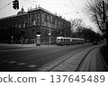 A black and white photograph of a streetcar in Vienna. 137645489