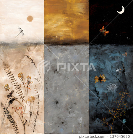Three option abstract landscape surreal nature painting dragonfly and butterfly moon and sun seasonal change art triptych wall art fantasy floral field mystical night sky whimsical insect scene Three option abstract landscape surreal nature painting dragonfly and butterfly moon and sun seasonal change art triptych wall art fantasy floral field mystical night sky whimsical insect scene 137645650