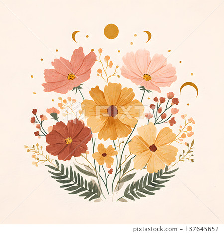 Boho flower floral bouquet terracotta color warm tone celestial moon sun phase folk art mystical vibe vintage style pastel background dreamy boho flower bouquet with terracotta color and warm tone 137645652