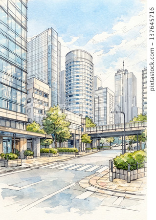 城市景觀 | 水彩素描風格 | 插畫 137645716