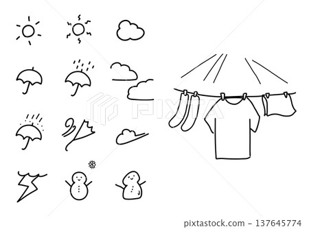 A set of hand-drawn weather symbols and monochrome illustrations of laundry. 137645774