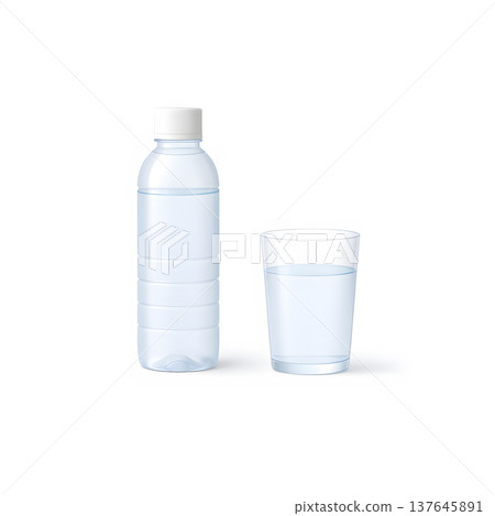 塑膠瓶和玻璃杯中的水的3D圖示集，極簡背景，保濕元素 137645891