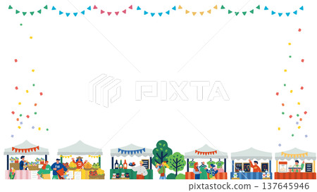 市集活動場景:熙熙攘攘的露天市集上的橫幅。 市集活動場景:熙熙攘攘的露天市集上的橫幅。 137645946