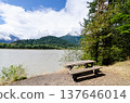 Fraser River with cloud covered green mountains in the background in Hope, BC, Canada 137646014