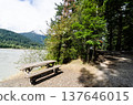 A Bench by the Fraser River with cloud covered green mountains in the background in Hope, BC, Canada 137646015