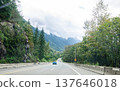 Highway in Hope  BC, Canada with cloud covered mountains in the background 137646018
