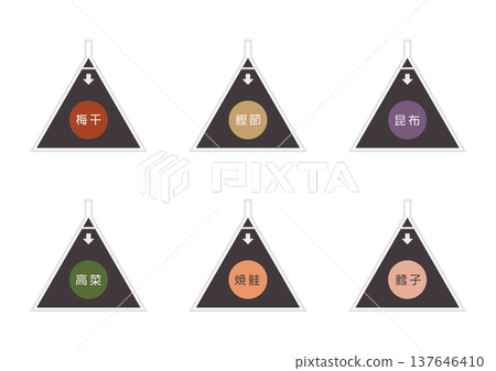 Illustration of convenience store rice balls lined up side by side | Japanese convenience store food with ingredient labels Illustration of convenience store rice balls lined up side by side | Japanese convenience store food with ingredient labels 137646410