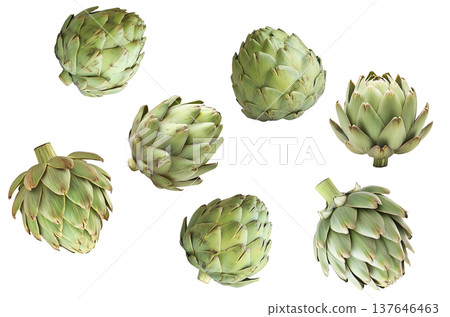 Fresh whole green artichokes isolated on white background, showcasing natural texture and detail, concept of healthy eating Fresh whole green artichokes isolated on white background, showcasing natural texture and detail, concept of healthy eating 137646463