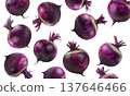 Whole red beetroots arranged in a scattered pattern, isolated on a white background, representing organic vegetables 137646466