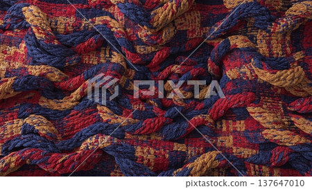 Abstract layered textile collage overlapping woven grids and rough fabric threads forming bold color blocks 137647010