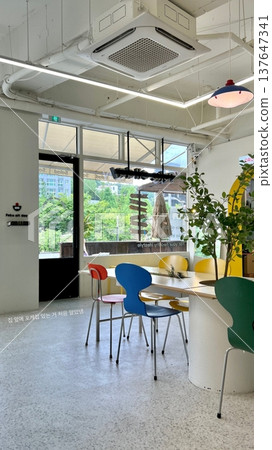 Cozy cafe interior with modern decor, comfortable seating, and warm lighting. A perfect spot for enjoying coffee or tea, creating a relaxed and inviting atmosphere for guests. Cozy cafe interior with modern decor, comfortable seating, and warm lighting. A perfect spot for enjoying coffee or tea, creating a relaxed and inviting atmosphere for guests. 137647341