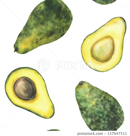 Watercolor avocado seamless pattern. Whole and cut avocado fruit half with seed. Hand painted illustration isolated from background. Food fabric design, eco print, packaging of healthy farm products. Watercolor avocado seamless pattern. Whole and cut avocado fruit half with seed. Hand painted illustration isolated from background. Food fabric design, eco print, packaging of healthy farm products. 137647511