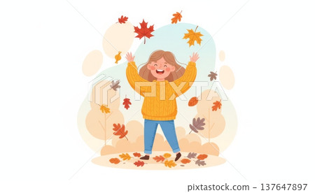 Cute Minimal Illustration of Happy Girl in Yellow Sweater Playing with Falling Autumn Leaves Cute Minimal Illustration of Happy Girl in Yellow Sweater Playing with Falling Autumn Leaves 137647897