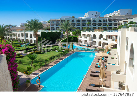 swimming pool with coconut tree and white umbrella swimming pool with coconut tree and white umbrella 137647987
